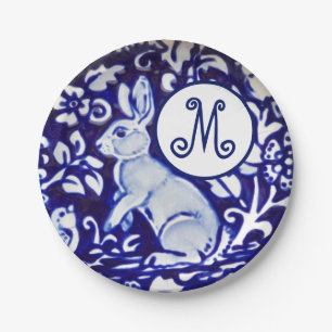 Plato De Papel Monograma floral azul de pájaro de conejo blanco
