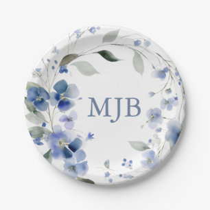 Plato De Papel Monograma Floral Azul Personalizado Elegante