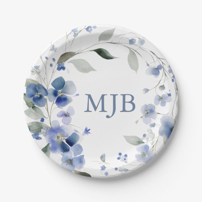 Plato De Papel Monograma Floral Azul Personalizado Elegante (Anverso)