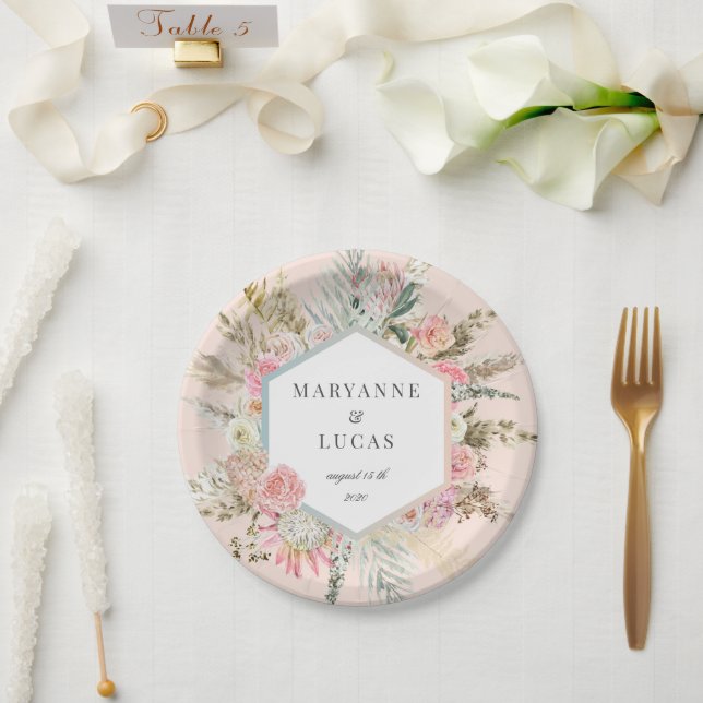 Plato De Papel Monograma floral bohemio elegante (Boda)