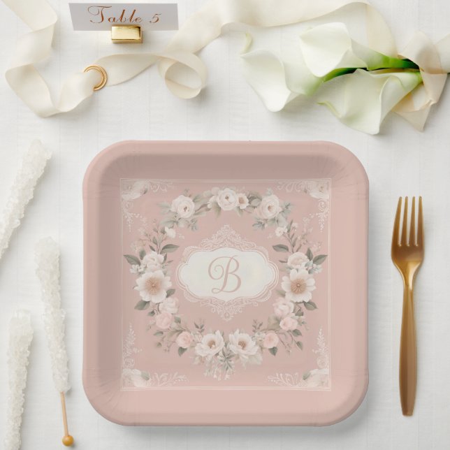 Plato De Papel Monograma floral de boho rosa (Boda)