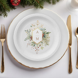 Plato De Papel Monograma floral de Navidades simplemente elegante