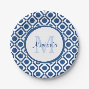 Plato De Papel Monograma geométrico moderno azul y blanco con nom