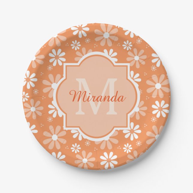 Plato De Papel Monograma Girly Naranja lindo flores de margarita  (Anverso)