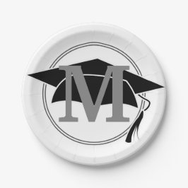 Plato De Papel Monograma Inicial de Gorra de Graduación en Blanco