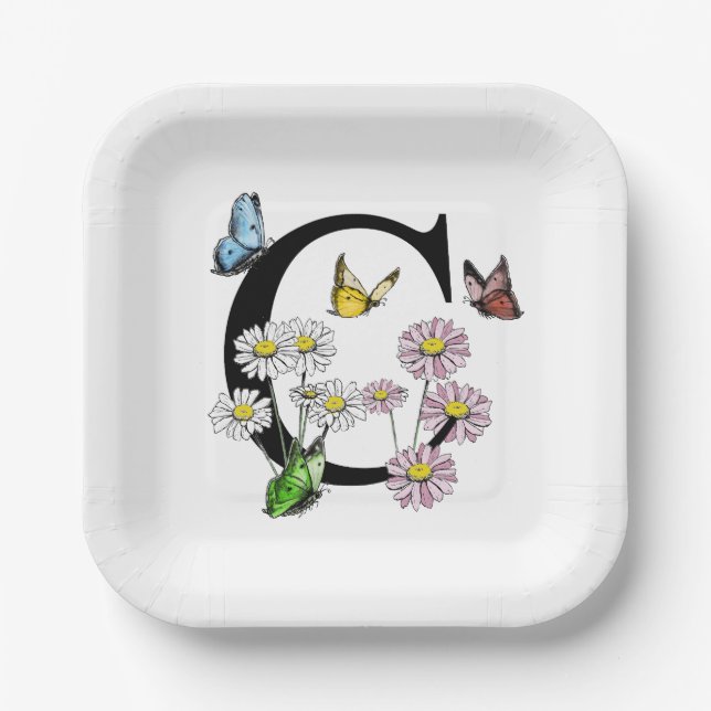 Plato De Papel Monograma inicial de mariposa floral con letra C   (Anverso)