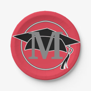 Plato De Papel Monograma Inicial Moderno de Graduación Rojo Negro