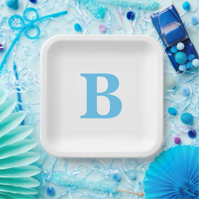 Plato De Papel Monograma Iniciales Azul Blanco Personalizado Baby (Fiesta)