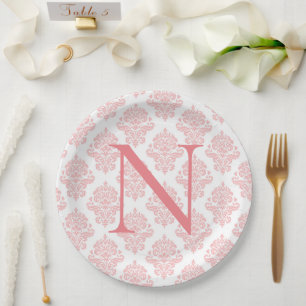 Plato De Papel Monograma Iniciales Damask Pastel Peach