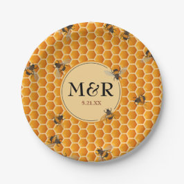 Plato De Papel Monograma Iniciales Honeycomb Abejas Oro