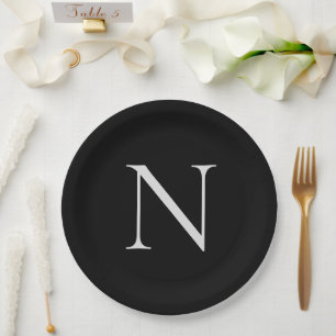 Plato De Papel Monograma Iniciales Nombre Personalizado Blanco Ne