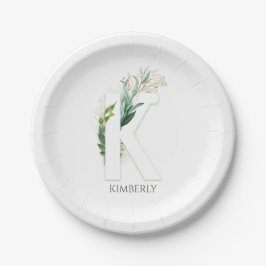Plato De Papel Monograma K dorada hojas elegantes nombre