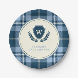 Plato De Papel Monograma Marina Blue Plaid Baby Boy Shower