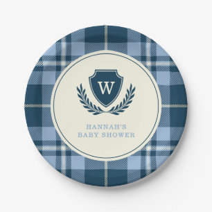 Plato De Papel Monograma Marina Blue Plaid Baby Boy Shower