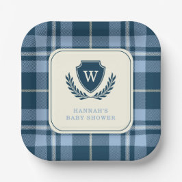 Plato De Papel Monograma Marina Blue Plaid Baby Boy Shower