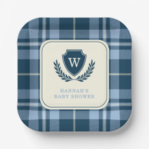 Plato De Papel Monograma Marina Blue Plaid Baby Boy Shower