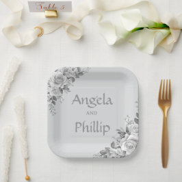 Plato De Papel Monograma minimalista en negro y blanco con rosas