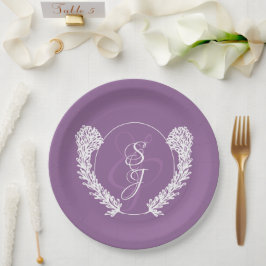 Plato De Papel Monograma minimalista Lavanda Boda púrpura