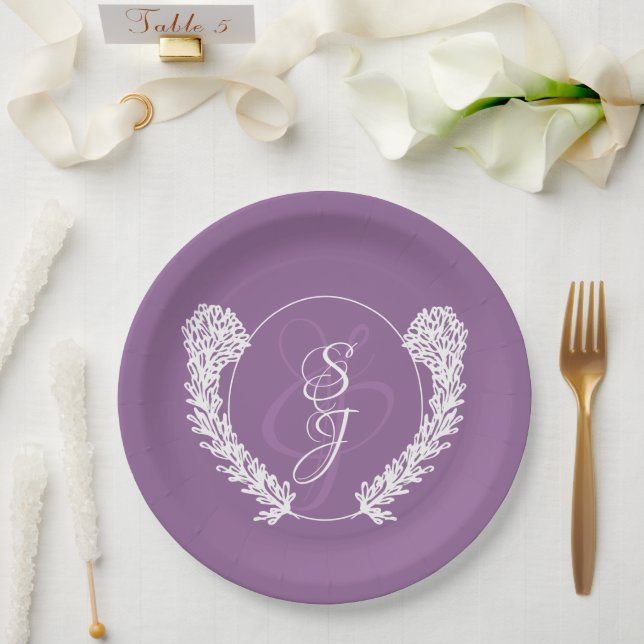 Plato De Papel Monograma minimalista Lavanda Boda púrpura (Boda)
