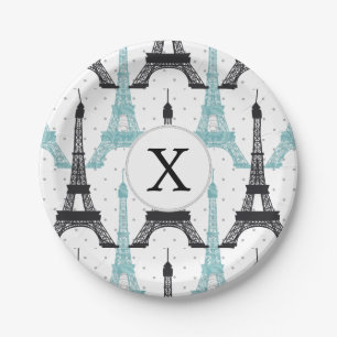 Plato De Papel Monograma Moda Aqua Patrón Torre Eiffel