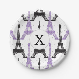 Plato De Papel Monograma Moda púrpura Patrón Torre Eiffel