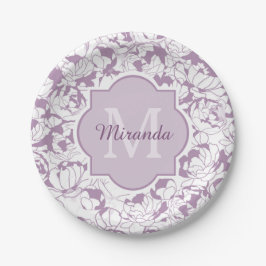 Plato De Papel Monograma moderno con flor morado con nombre