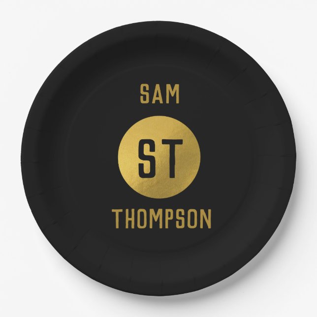 Plato De Papel Monograma moderno de lujo y negro personalizado (Anverso)