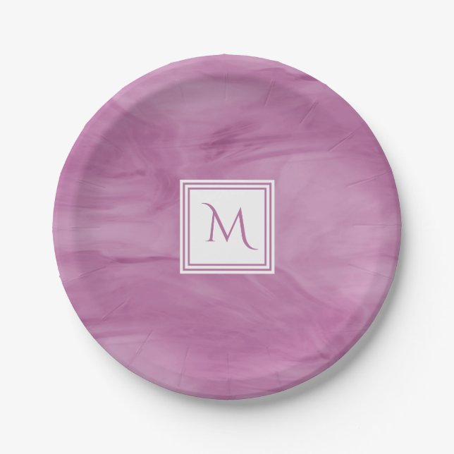 Plato De Papel Monograma moderno de mármol sutil morado simple (Anverso)