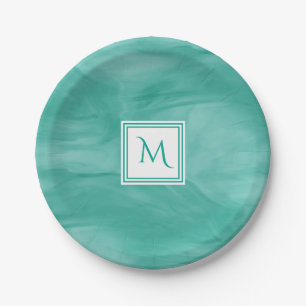 Plato De Papel Monograma moderno de mármol verde sutil Verde azul