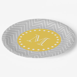 Plato De Papel Monograma moderno gris y amarillo del