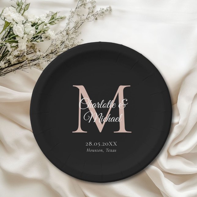 Plato De Papel Monograma moderno Mínimo (Monogram Modern Minimal Wedding Paper Plates with your names and date.)