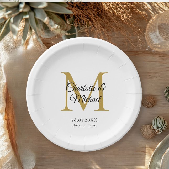Plato De Papel Monograma moderno Mínimo (Monogram Modern Minimal Wedding Paper Plates with your names and date.)