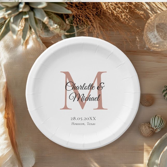Plato De Papel Monograma moderno Mínimo (Monogram Modern Minimal Wedding Paper Plates with your names and date.)