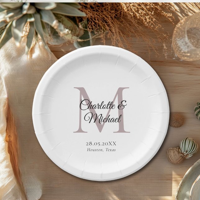 Plato De Papel Monograma moderno Mínimo (Monogram Modern Minimal Wedding Paper Plates with your names and date.)