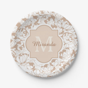 Plato De Papel Monograma moderno Tan Floral Girly con nombre