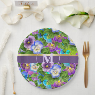 Plato De Papel Monograma Nacimiento Pansy Flores Violetas acuarel