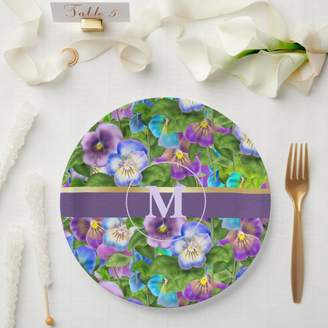 Plato De Papel Monograma Nacimiento Pansy Flores Violetas acuarel (Boda)