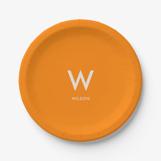 Plato De Papel Monograma Naranja Fiesta Personalizada (Anverso)