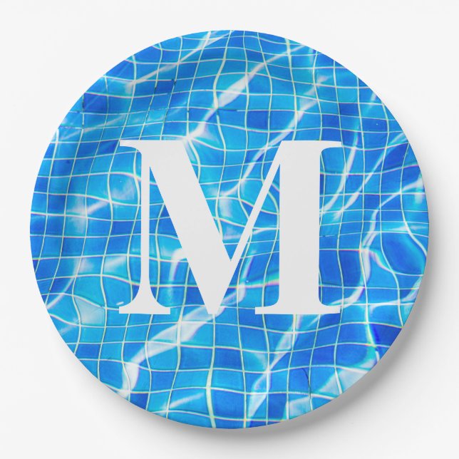 Plato De Papel Monograma Natación Monogramada Piscina Azul Acuáti (Anverso)