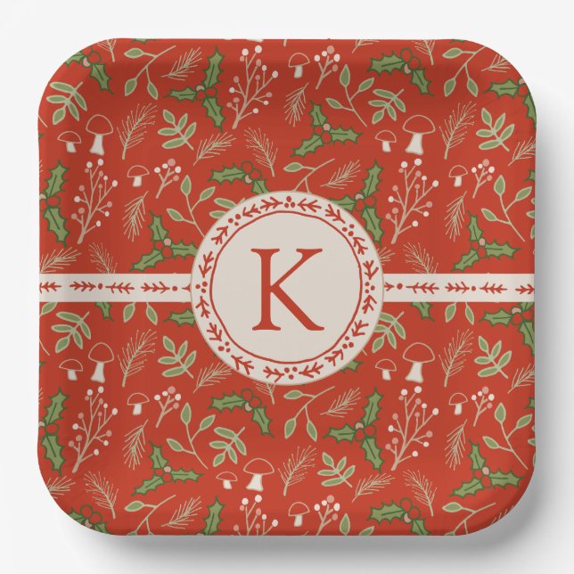 Plato De Papel Monograma Navidades Woodlands Red (Anverso)