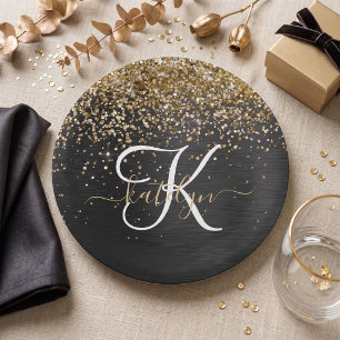 Plato De Papel Monograma negro con brillo dorado personalizado