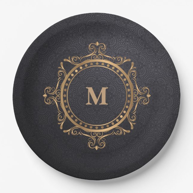Plato De Papel Monograma negro de Mandala ornamental de lujo (Anverso)