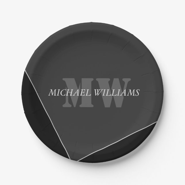 Plato De Papel Monograma negro gris artístico moderno (Anverso)