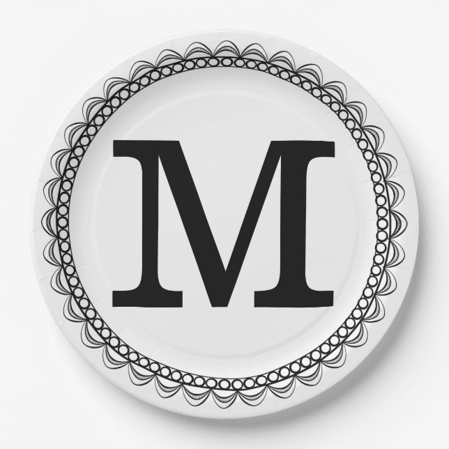 Plato De Papel Monograma negro personalizado (Anverso)