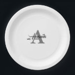 Plato De Papel Monograma Nombre inicial elegante personalizado bl<br><div class="desc">Diseñado con plantillas de texto para un inicial monogramado y nombre que puede personalizar!</div>