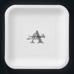 Plato De Papel Monograma Nombre personalizado inicial blanco gris<br><div class="desc">Diseñado con plantillas de texto para un inicial monogramado y nombre que puede personalizar!</div>