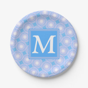 Plato De Papel Monograma Patrón de círculos azules eléctricos