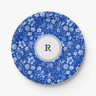 Plato De Papel Monograma, Patrón de Flores Tropicales Azul Cobalt