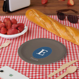 Plato De Papel Monograma Personalizado Azul Elegante