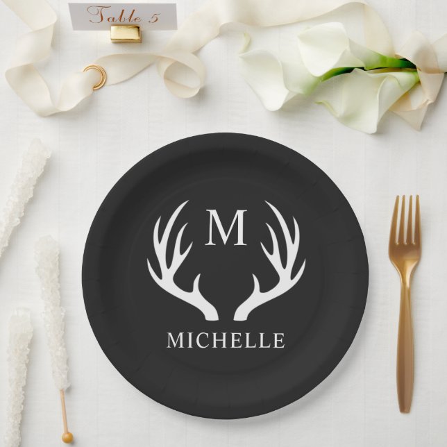 Plato De Papel Monograma personalizado con Antler de venado blanc (Boda)